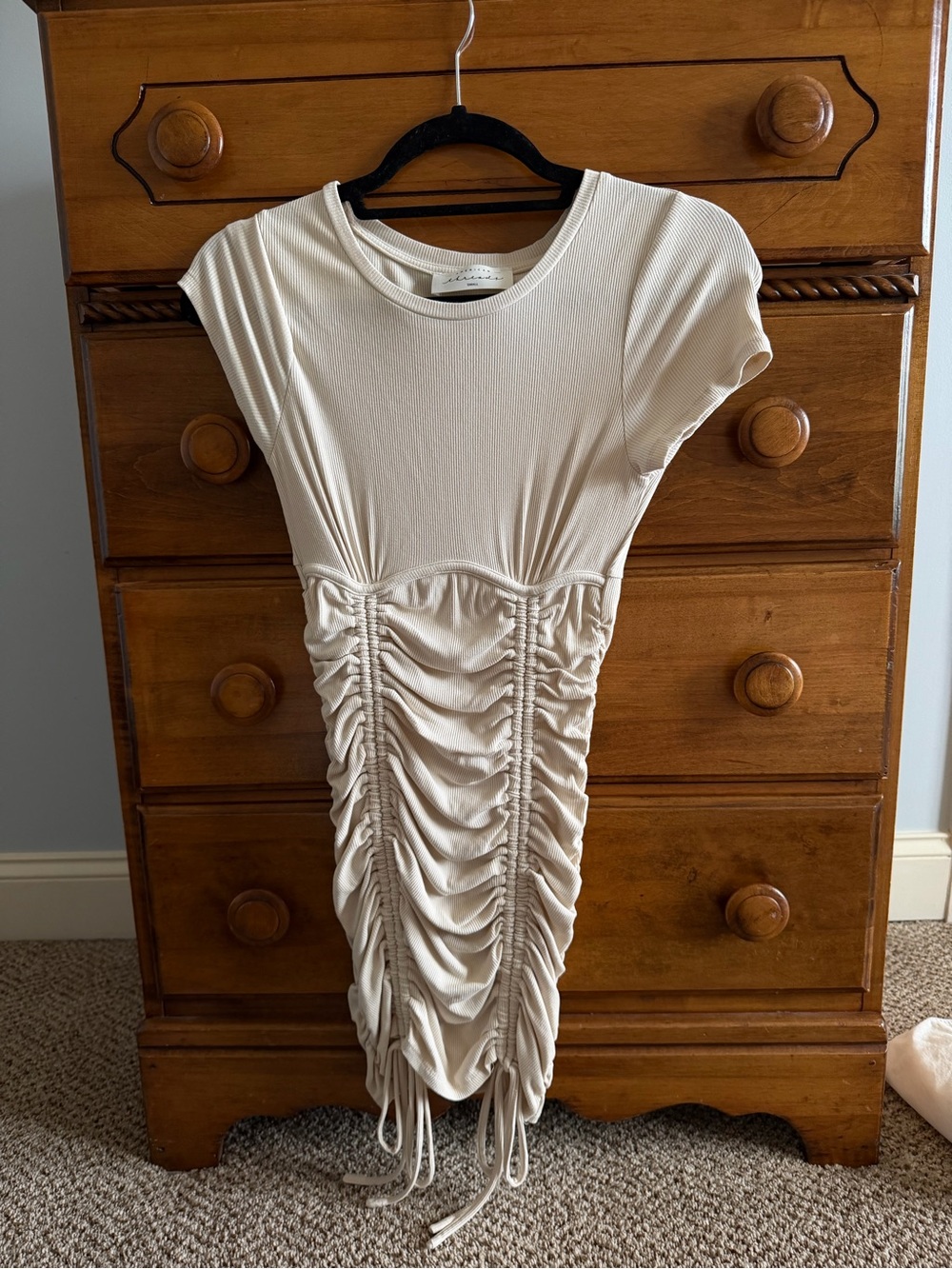 American Threads Ruched Cream Mini Dress